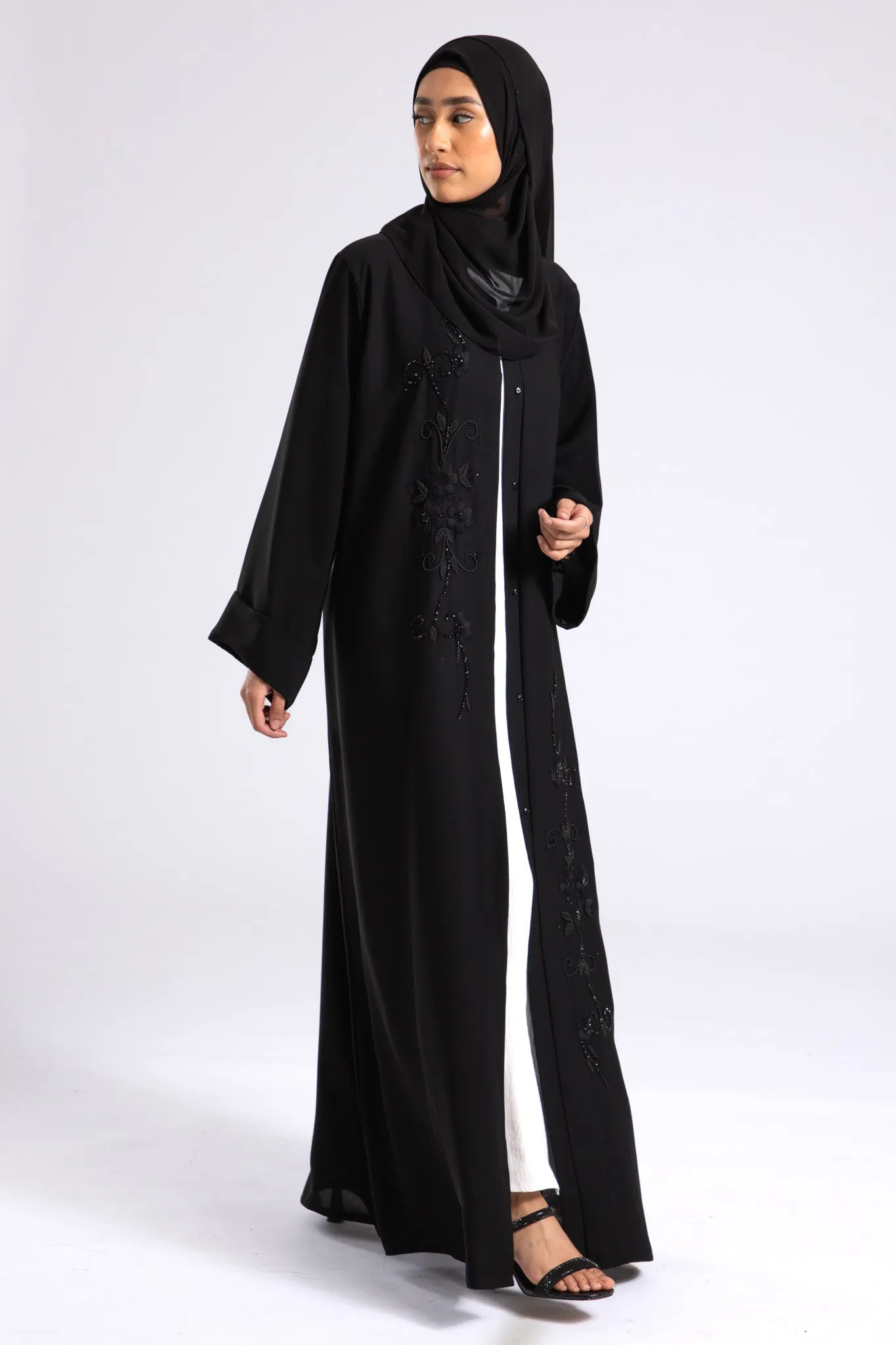 Whispering Threads Black Embroidered Abaya (Premium)