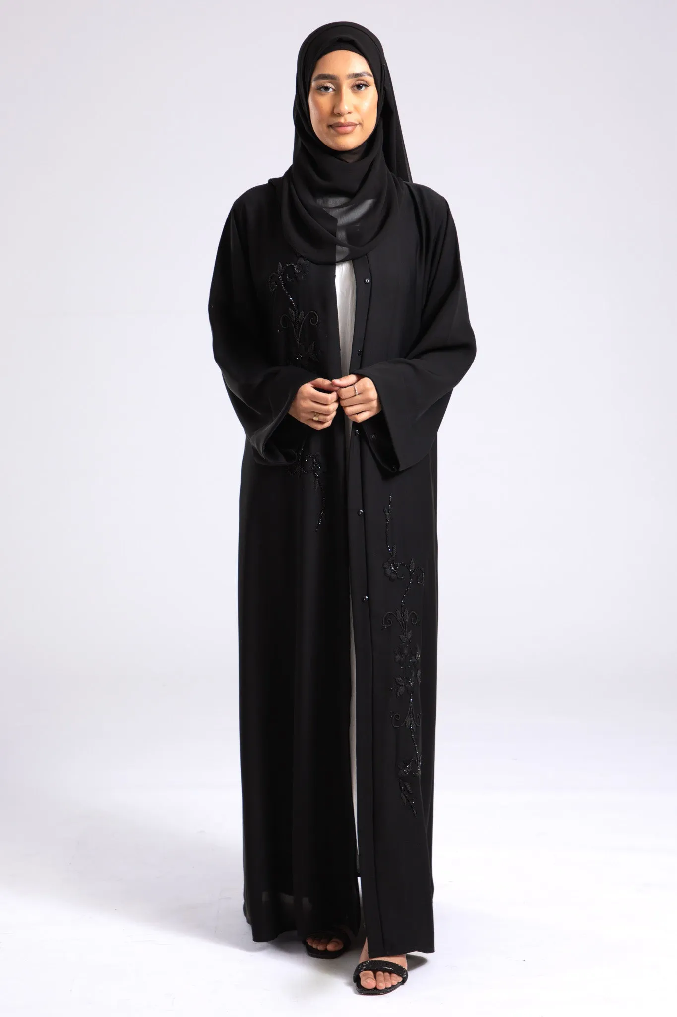 Whispering Threads Black Embroidered Abaya (Premium)