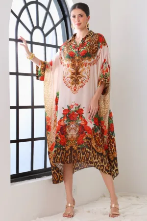 WHITE LEOPARDESS MIDI COLLAR KAFTAN