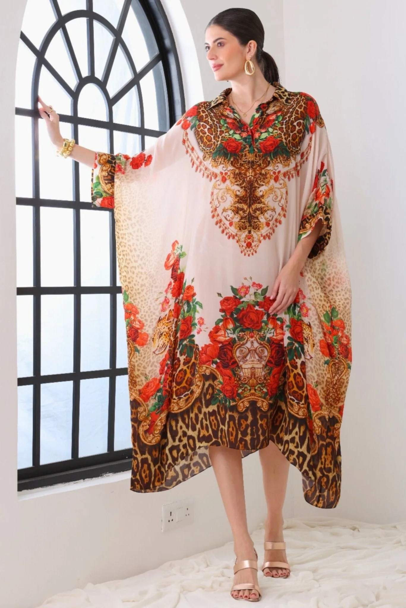 WHITE LEOPARDESS MIDI COLLAR KAFTAN