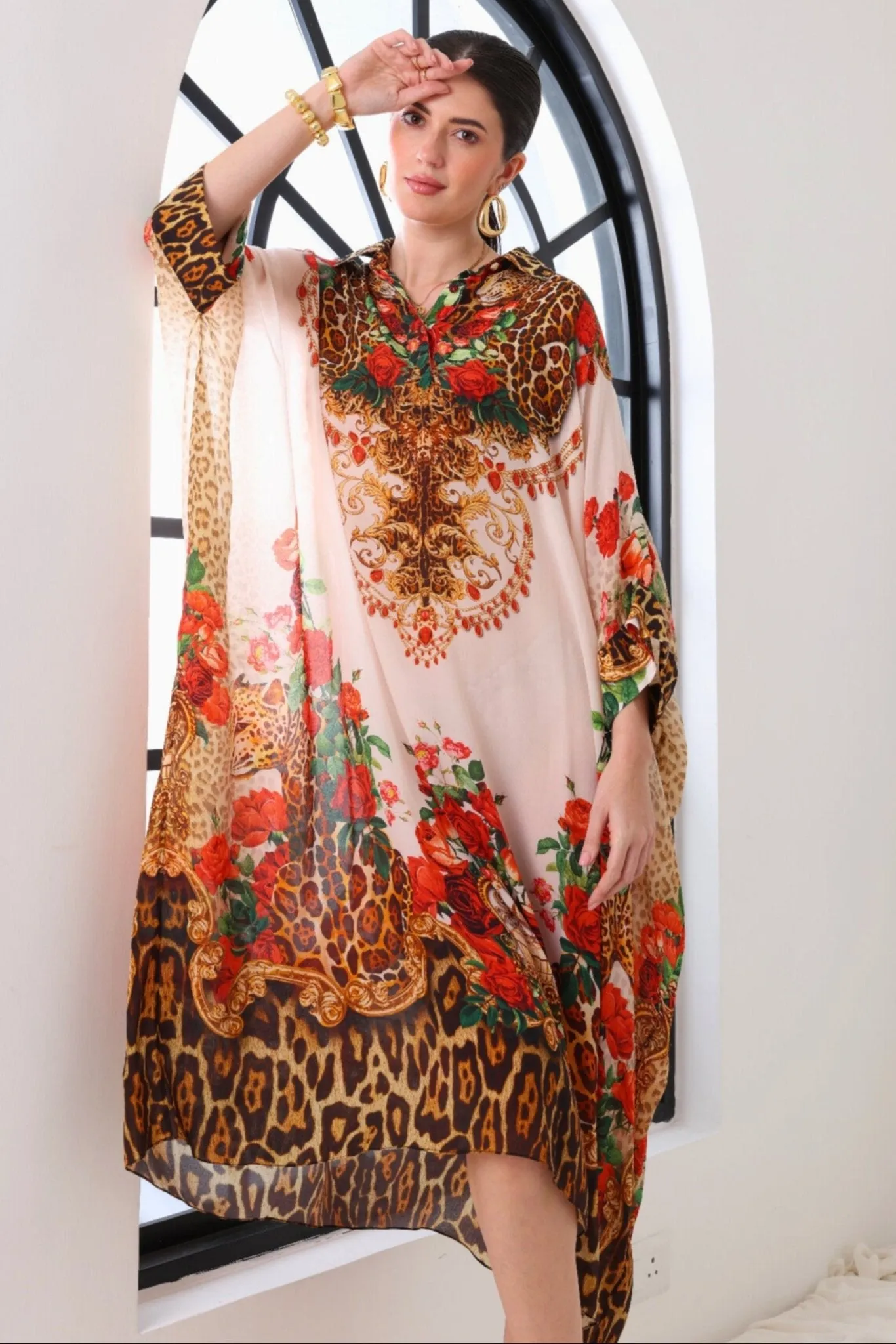 WHITE LEOPARDESS MIDI COLLAR KAFTAN
