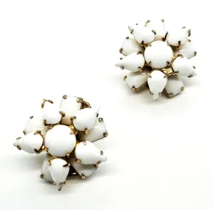 White milk glass rhinestone gold toned vintage clip on earrings