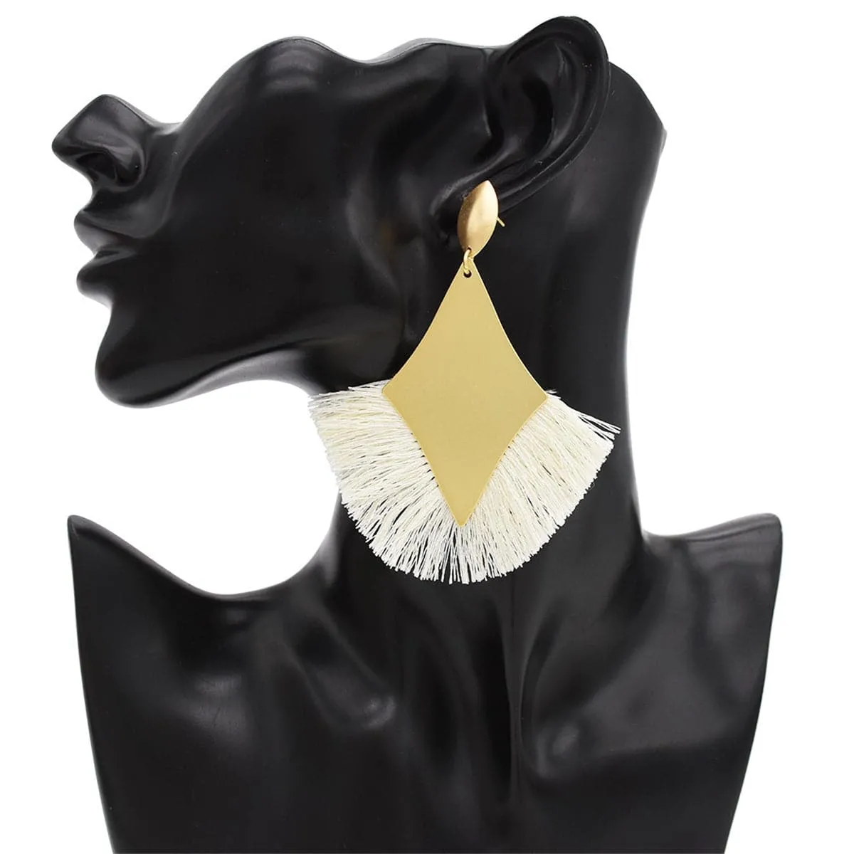 White Polyster & 18K Gold-Plated Rhombus Tassel Fan Drop Earrings