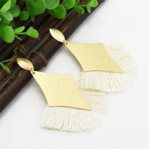 White Polyster & 18K Gold-Plated Rhombus Tassel Fan Drop Earrings