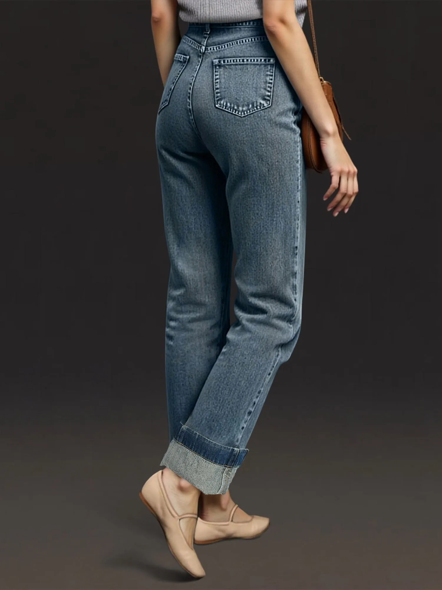 Wide Leg Foldover Cuff Denim Jeans