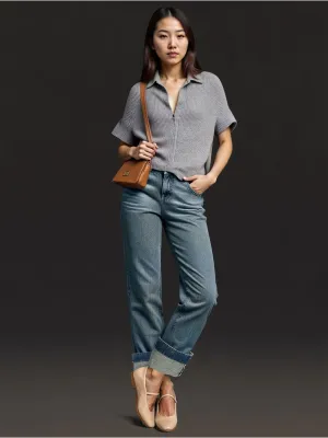 Wide Leg Foldover Cuff Denim Jeans