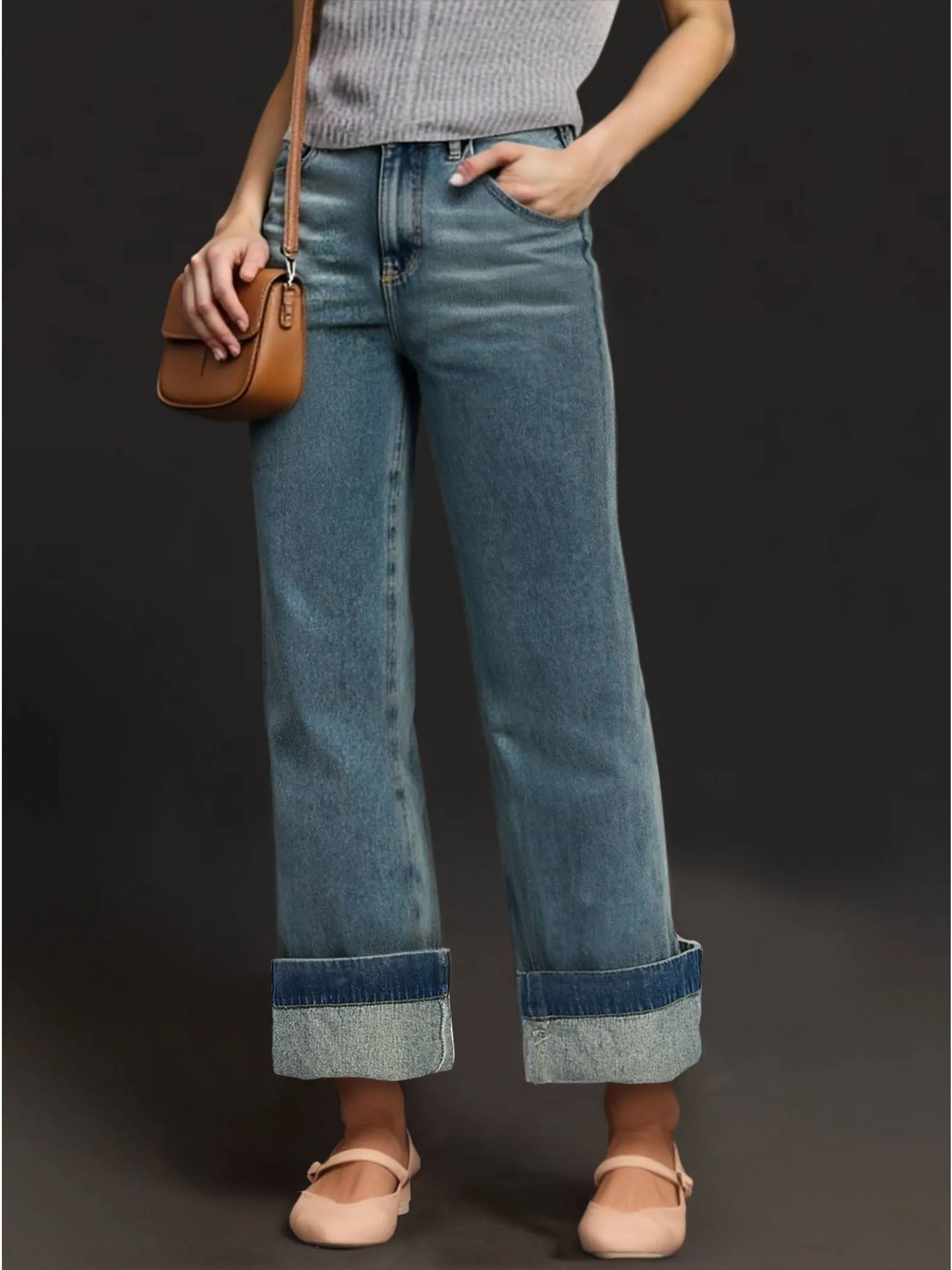 Wide Leg Foldover Cuff Denim Jeans