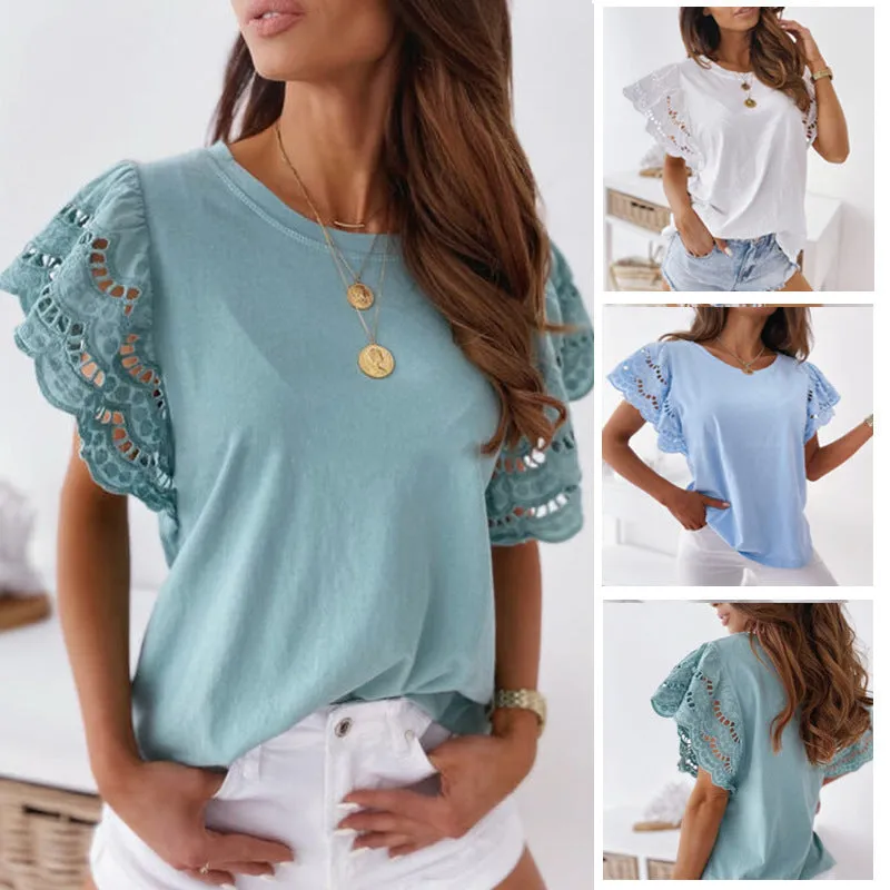Women's Blouse with Loose Fitting Lace Inspired Short Sleeves