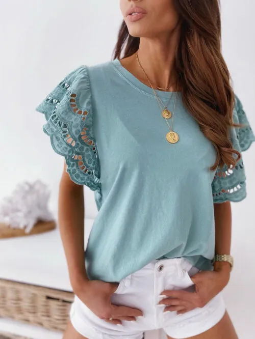 Women's Blouse with Loose Fitting Lace Inspired Short Sleeves