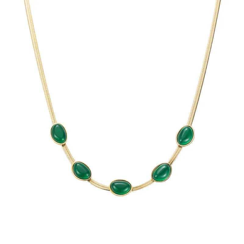 Women's Thick Chain Choker Necklace: Stainless Steel with Oval Green Zircon Charm