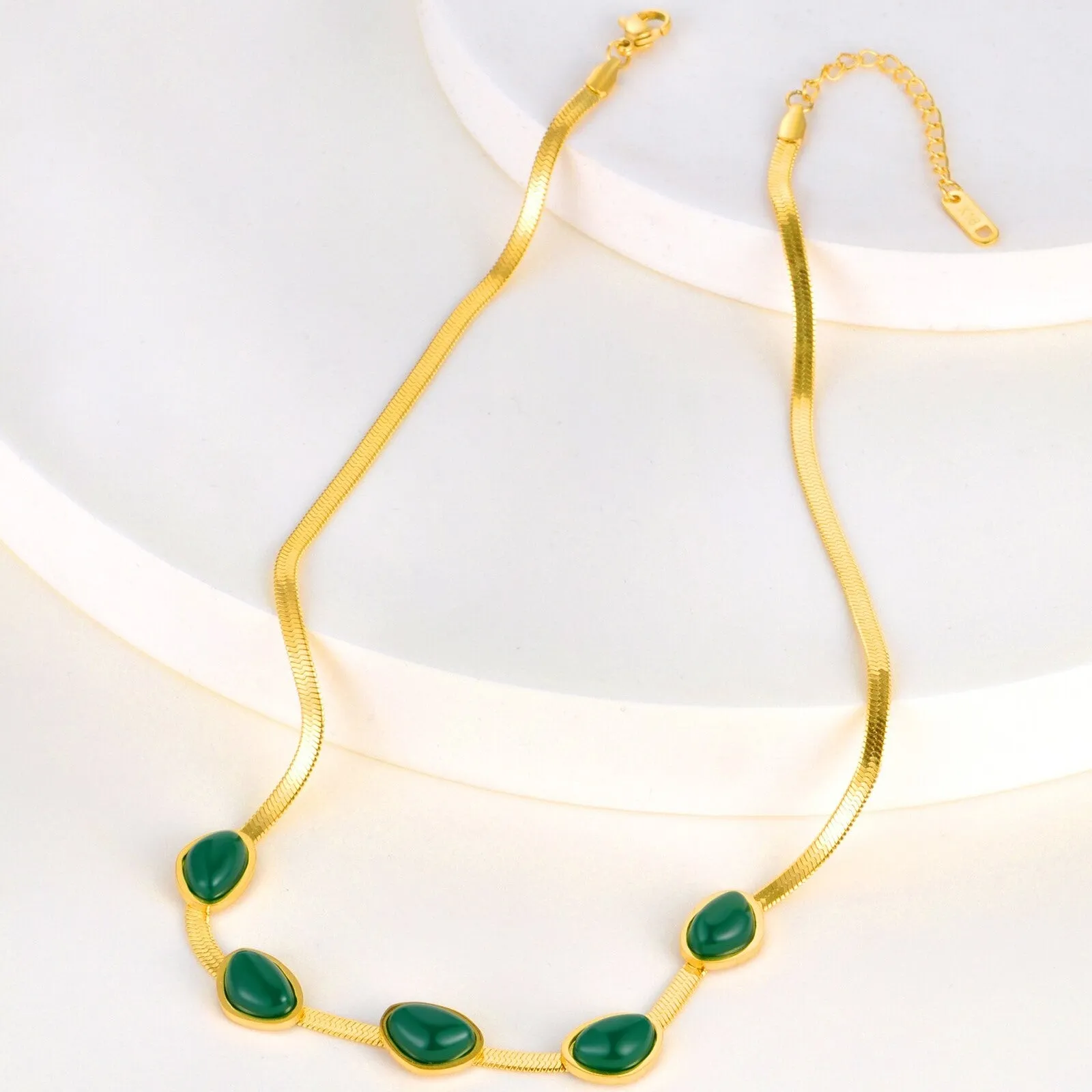 Women's Thick Chain Choker Necklace: Stainless Steel with Oval Green Zircon Charm