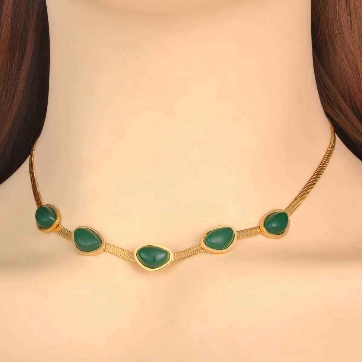 Women's Thick Chain Choker Necklace: Stainless Steel with Oval Green Zircon Charm