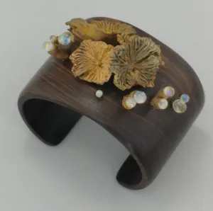 Wooden Cuff with Handcarved Bronze and Glass Sea Urchins, Bronze Metal Clay, Unique Cuff, One of a Kind Gift