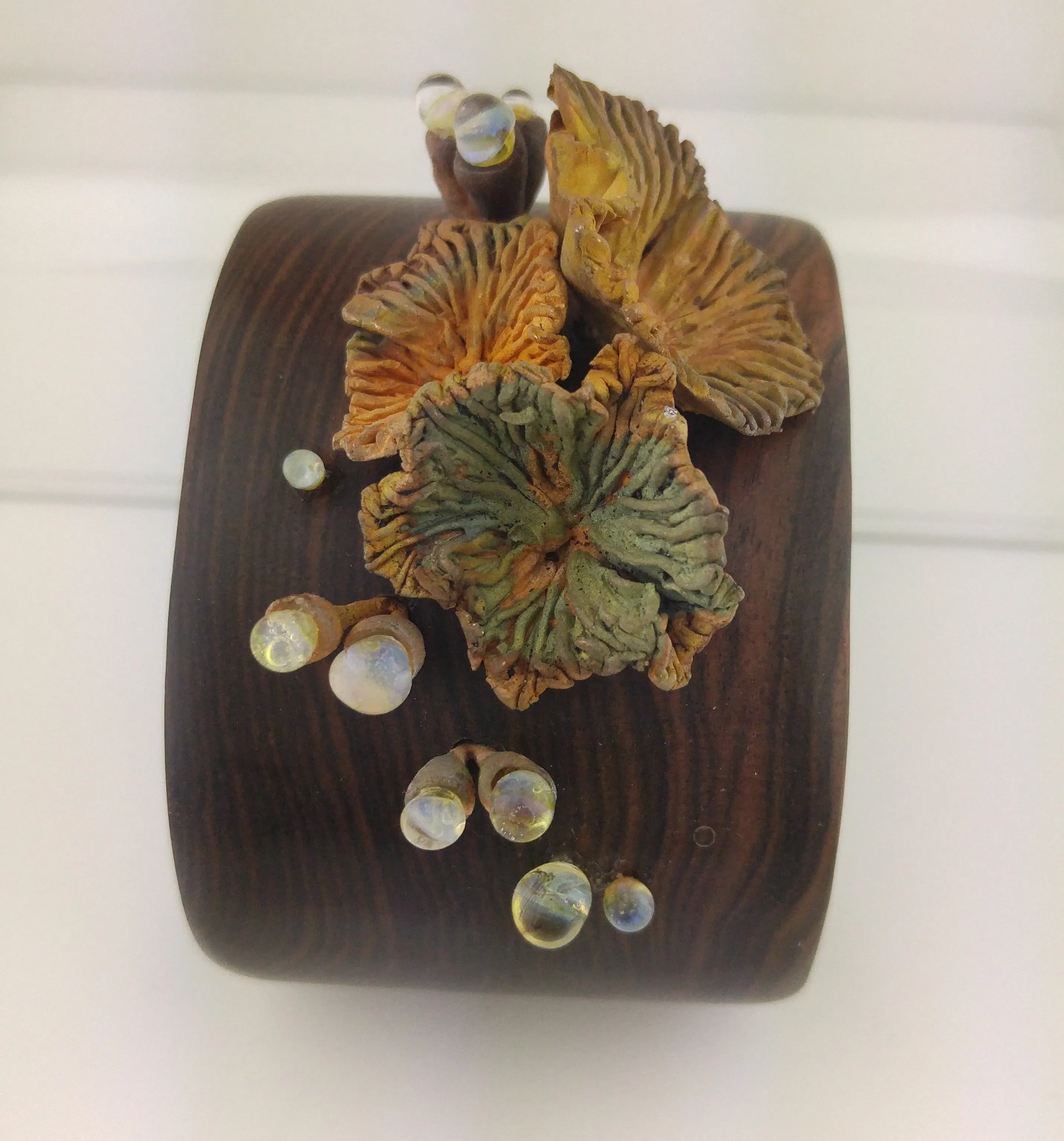 Wooden Cuff with Handcarved Bronze and Glass Sea Urchins, Bronze Metal Clay, Unique Cuff, One of a Kind Gift