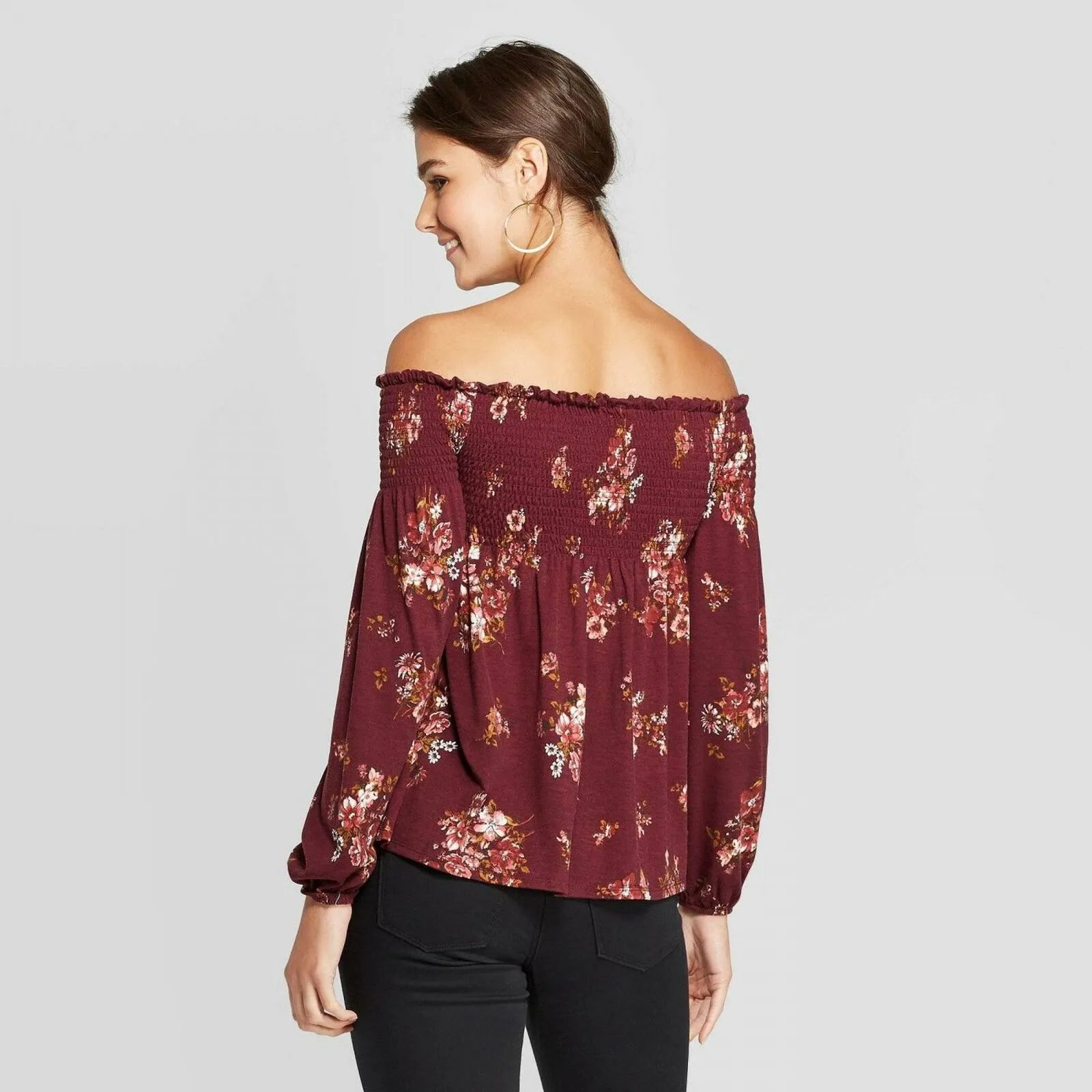 Xhilaration Women's Floral Print Long Sleeve Off Shoulder Knit Top