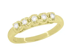 Yellow Gold 1950's Retro Modern Filigree 5 Diamond Wedding Band