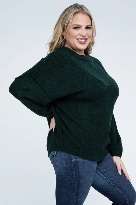 ZENANA Plus Oversized Round Neck Raw Seam Melange Sweater